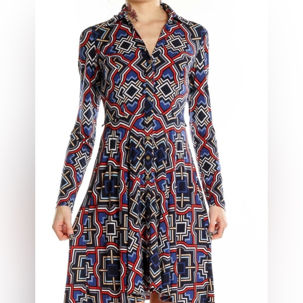 Cache Multi-Color Geometric Print Long Sleeve Shirt Dress Belted Size 14